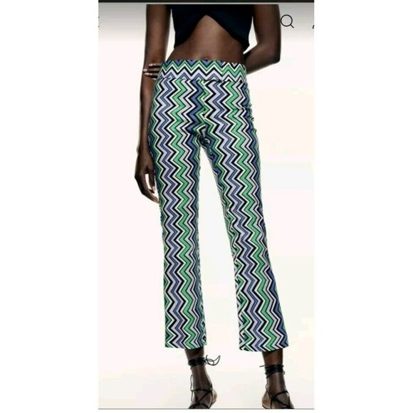 Zara Flare Wide Leg Pants Linen Blend Large Blue Green Printed Retro 3234 787 - Picture 2 of 6